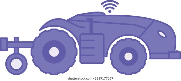 Purple Autonomous Driverless Tractor Icon. Vector Illustration. Modern Driverless Agricultural Machine. For Precise Field Work, the Tractor Uses Satellite Navigation and Smart Sensors. Agrotechnology and Smart Farming Concept