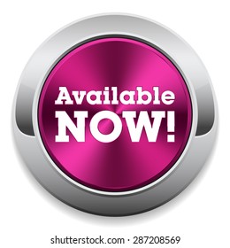 Purple available now button with metallic border on white background