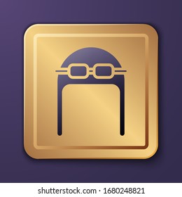 Purple Aviator hat with goggles icon isolated on purple background. Pilot hat. Gold square button. Vector Illustration