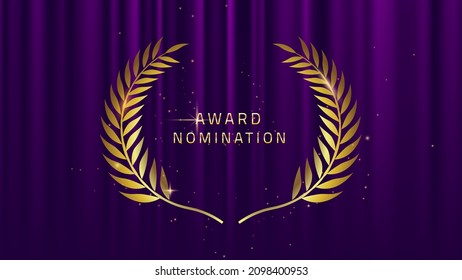 Purple award glitter background with golden laurel wreath. Award Nomination winner banner. Realistic silk abstract fabric texture.Purple curtain with golden leaves.