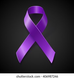 Purple awareness realistic ribbon over black background with drop shadow. Vector awareness symbol