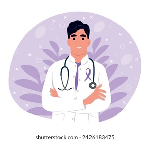 Purple awareness of ribbon. Doctor in medical uniform. Woman doctor portrait. Doctor with a stethoscope. Smiling therapist, general practitioner with crossed arms. svg