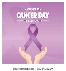 A purple awareness ribbon held by cupped hands with the words World Cancer Day, 4 February, emphasizing global cancer awareness and support efforts.  Flat vector modern illustration 