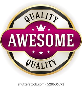 Purple awesome quality badge / Button with gold border on white background