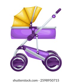 Purple baby carriage isolated on white background. Cartoon vector illustration.