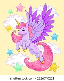 Purple baby pegasus flying in clouds. Fairytale vector illustration