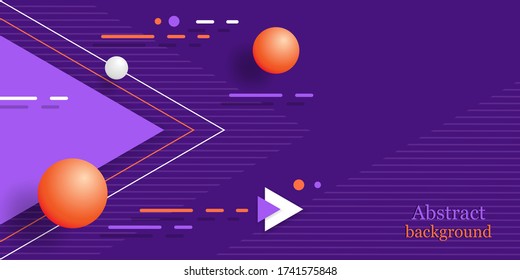 Fondo morado 3D. Fondo estratificado con esferas anaranjadas y triángulos. А fondo geométrico abstracto en el arte de línea de estilo. Ilustración vectorial. Pancarta violeta horizontal. Tarjeta de diseño, portada, papel pintado.