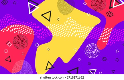 Purple Background. Abstract Memphis Pattern. Vector Illustration. Hipster Style 80s-90s. Fun Pattern. Memphis Elements. Fluid Red, Yellow Colors. Violet Hipster Composition. Lilac Funky Wallpaper.