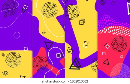 Fondo púrpura. Resumen del patrón de Memphis. Ilustración vectorial. Hipster Style 80-90. Patrón de diversión. Memphis Elements. Rojo fluido, Colores Amarillos. Composición Violet Hipster. Papel tapiz de Lilac Funky.