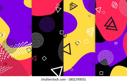 Purple Background. Abstract Memphis Pattern. Vector Illustration. Hipster Style 80s-90s. Fun Pattern. Memphis Elements. Fluid Red, Yellow Colors. Violet Hipster Composition. Lilac Funky Wallpaper.