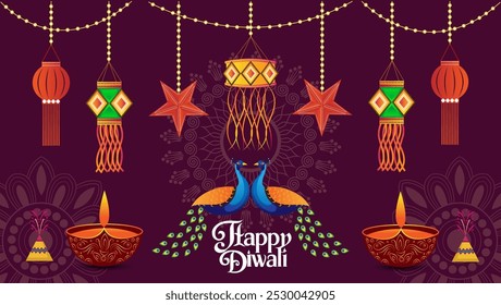  fundo roxo adornado com lanternas penduradas estrelas e decorações festivas Dois pavões se enfrentam no centro com diyas e fogos de artifício no fundo Happy Diwali está escrito em uma alegria