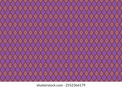 Fundo roxo adornado com intrincados padrões em forma de diamante em tons de laranja e vermelho, criando um design têxtil vibrante, geométrico e visualmente impressionante