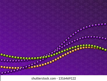 Purple background with beads and fleur de lis symbol. Fat Tuesday background. Mardi Gras background