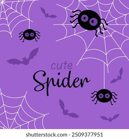 purple background with black spiders on cobwebs and flying bats, flat illustration can be used for children's holiday design, cards, invitations and banners, halloween poster