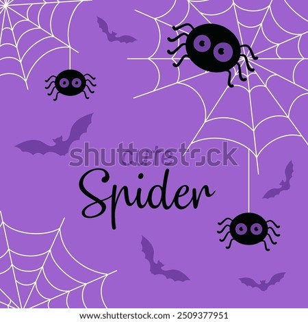 purple background with black spiders on cobwebs and flying bats, flat illustration can be used for children's holiday design, cards, invitations and banners, halloween poster