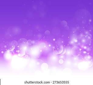 Purple background with bokeh and glow. Abstract winter background. Magic light vector background. 