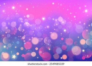 Fondo púrpura con bokeh y destellos. Cielo estrellado de ensueño rosa mágico. Linda textura de Vector de fantasía con brillo. Hada holográfica Fondo de pantalla borroso.