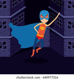 purple background buildings brick facade with superhero man flying with costumes and complete mask vector illustration