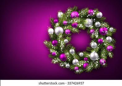 Purple background with Christmas wreath. Vector illustration.