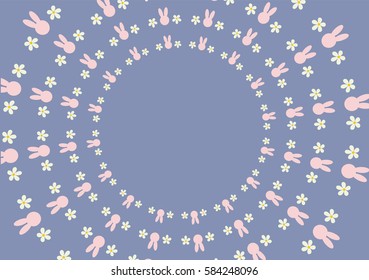 Purple Background. Circle is pink bunny and white flower.