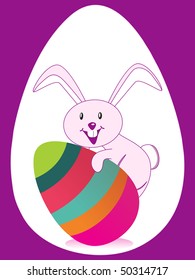 purple background with cute bunny holding colorful egg