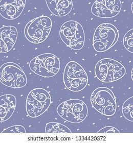 Purple background with decorative painted eggs for the holiday of Easter.  Seamless pattern. Easter eggs with linear elegant ornament. 
Vector easter texture. Linear illustration for textile, paper.