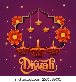 Um fundo roxo com diyas pendurado do topo dentro de um arco decorativo Há também diyas colocados na parte inferior da imagem e flores laranja em cada lado A palavra Diwali está escrita