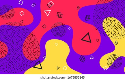 Purple Background. Doodle Elements. Fluid Red, Yellow Colors. 90s Fashion. Dot Illustration. Cool Print. Violet Hipster Composition. Lilac Funky Wallpaper.