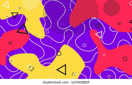 Purple Background. Doodle Elements. Fluid Red, Yellow Colors. 90s Fashion. Dot Illustration. Cool Print. Violet Hipster Composition. Lilac Funky Wallpaper.