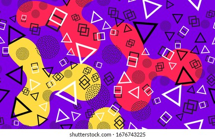 Purple Background. Doodle Elements. Fluid Red, Yellow Colors. 90s Fashion. Dot Illustration. Cool Print. Violet Hipster Composition. Lilac Funky Wallpaper.
