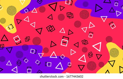 Purple Background. Doodle Elements. Fluid Red, Yellow Colors. 90s Fashion. Dot Illustration. Cool Print. Violet Hipster Composition. Lilac Funky Wallpaper.