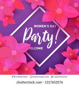 Purple background with framed date and flowers. 8 of March Women's Day card or banner template.
