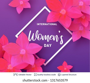 Purple background with framed holiday text and flowers. 8 of March Women's Day card or banner template.