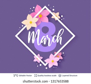 Purple background with framed holiday text and flowers. 8 of March Women's Day card or banner template.