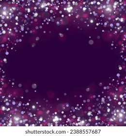 Purple background with glowing color bokeh. Luminous particles fall from above. Vector template for holiday designs.