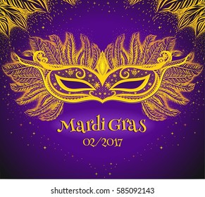 Purple background with gold carnival mask with feathers. Mardi Gras. Carnaval. Vector isolated illustration. Design of flyer, poster, invitation card.