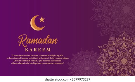 purple background with gold colored Islamic ornaments, crescent moon and stars, suitable for Ramadan or Eid greeting cards, or similar content