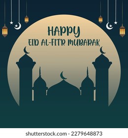 A purple background with a gold eid murak and a crescent moon and a star.