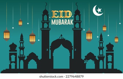A purple background with a gold eid murak and a crescent moon and a star.