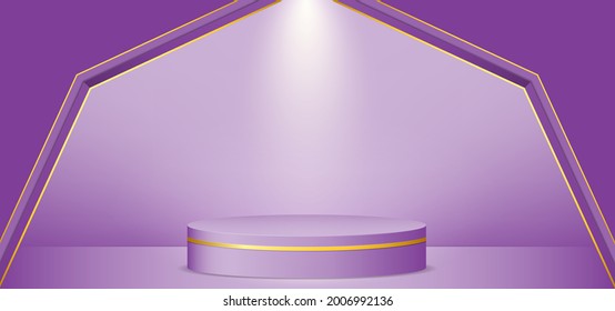 Purple background gold line with podium and lighting. 3D realistic background