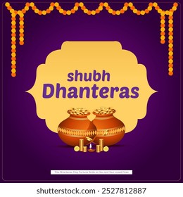 Um fundo roxo quadro dourado e elementos tradicionais como potes de argila e diyas transmite uma vibração festiva rica A frase Shubh Dhanteras em ouro adiciona um toque elegante e auspicioso