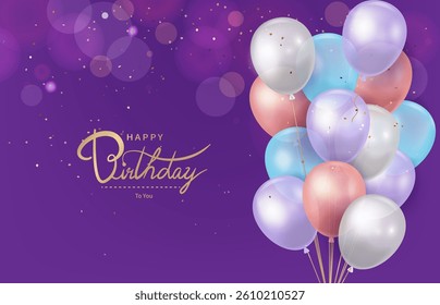 Purple background with golden Happy Birthday greeting and a bunch of colorful balloons
