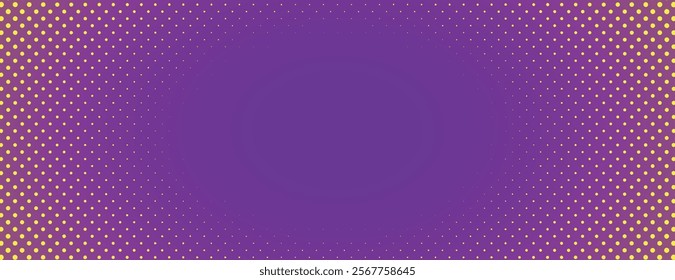 Purple background with halftone yellow dots, creating a retro, dotted texture. The background is vibrant with a purple and yellow color scheme. Minimal halftone vector gradient background