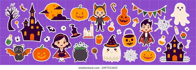 A purple background with Halloween decorations including a pumpkin, a ghost, a witch, a vampire, and a castle