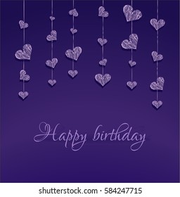 Purple background with hearts. Postcard of Happy birthday. Vector isolated illustration.