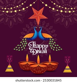 Un fondo púrpura con una estrella Grande y brillante en la parte superior Dos pavos reales se enfrentan uno al otro debajo de él con tres diyas y petardos coloridos en la parte inferior. Happy Diwali está escrito en una fuente festiva