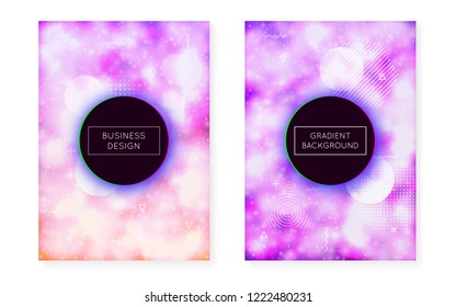 Purple background with liquid neon shapes. Luminous fluid. Fluorescent cover  with bauhaus gradient. Graphic template for placard, presentation, banner, brochure. Dazzling purple background.
