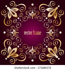 Purple background with luxury gold vintage frame for sample text or your photo. vector illustration. 