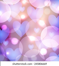 purple background with macro bokeh lights and hearts. Perfect template for posters, websites, magazines, brochures, catalogs