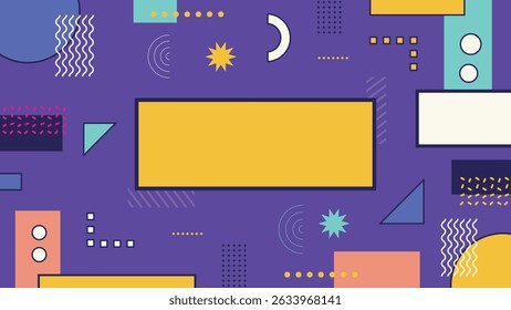 Purple background with modern abstract elements and a central yellow box. Great for digital promotions, posters, or creative banners.